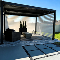 Pergola moderne en aluminium à cadre foncé avec commande intelligente, toit électrique inclinable et stores latéraux rétractables rayés, 6 pieds, pour jardin résidentiel