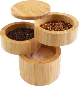 Bamboo Triple Salt Cellar, 3 Tier Bamboo Kitchen Salt and Pepper Storage Box with Magnetic Swivel Lids