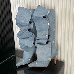 Luxury Denim Fashion Botas De Dama Party <b>Shoes</b> Stiletto Heel Knee High Women's Half Boots - Product Image 2