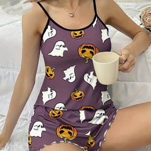 Conjunto de pijama camisola de Halloween para mujer, ropa de dormir con estampado de calabaza y <span class=keywords><strong>fantasma</strong></span>, pantalones cortos con dobladillo con volantes, ropa ligera para estar en casa - Product Image 3
