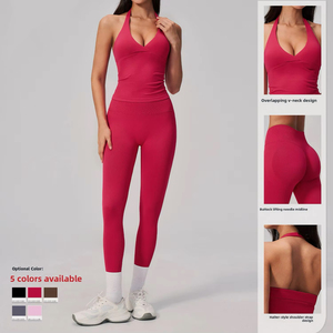Set Sportivo Senza Cuciture per Donna con Logo Personalizzato, Top Halter con Scollo a V, <span class=keywords><strong>Leggings</strong></span> Modellanti ad Alta Elasticità per Yoga e Fitness - Product Image 1