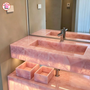 Mobile Bagno in Onice Rosa Personalizzato <span class=keywords><strong>con</strong></span> Retroilluminazione <span class=keywords><strong>LED</strong></span>, Lavabo in Pietra Naturale, Top Lusso in Pietra Naturale - Product Image 4