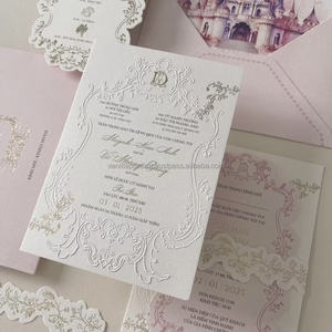 Carte d'invitation en papier coton avec impression offset, logo personnalisé, impression en relief de qualité supérieure, impression à la presse à lettres, pour les mariages - Product Image 1
