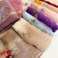 Nouveau Foulard Élégant Brodé Papillon, Châles pour Femme, Écharpe Unie Couleur Soie Brillante au Toucher, Étoles, Hijabs à Perles