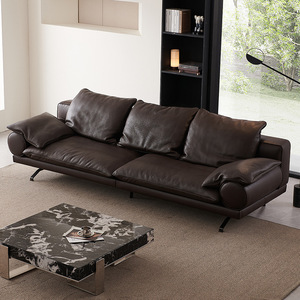 Italian Minimalist Designer Sofa Modern Genuine Leather Down Filled Brown Straight Row Couch For Living Room - Product Image 1