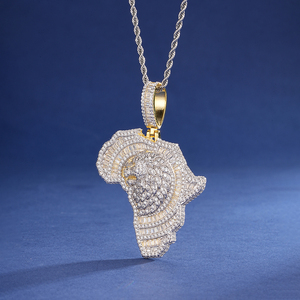 Pendentif Tête de Lion Carte <span class=keywords><strong>d</strong></span>'<span class=keywords><strong>Afrique</strong></span> Iced Out en Argent 925 Plaqué Or Bicolore avec Diamants CZ Taille Baguette, Breloque Hip Hop pour Hommes - Product Image 1