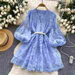 Vestido Midi Casual de Primavera con Cuello en V, Manga Farol y Bordado de Encaje para Mujer - Product Image 4