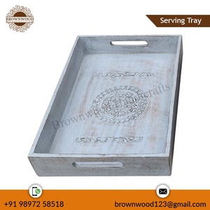 Bandeja de madera tallada éxito de ventas diseño personalizado bandejas de servicio rectangulares talladas de madera de mango macizo Juego de 3 para decoración y uso de servicio - Product Image 6