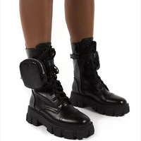 Bottes de moto personnalisées en cuir PU rétro T2145, chaussures à plateforme à lacets mi-mollet pour femmes