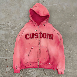 Custom Streetwear Mujeres Hombres 500 Gsm Heavyweight Oversized Blank Pink Acid Wash Vintage Ripped Hole Distressed Zip up Hoodie - Product Image 1