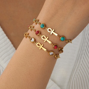 Turquoise Bracelet Gold Plated Ankh Charm Women's Jewelry Artistic Retro Design - Product Image 3