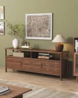 Meuble TV moderne en noyer de 70,47 pouces avec 2 tiroirs et 2 armoires, console multimédia en bois avec étagères ouvertes pour téléviseurs jusqu'à 80 pouces.