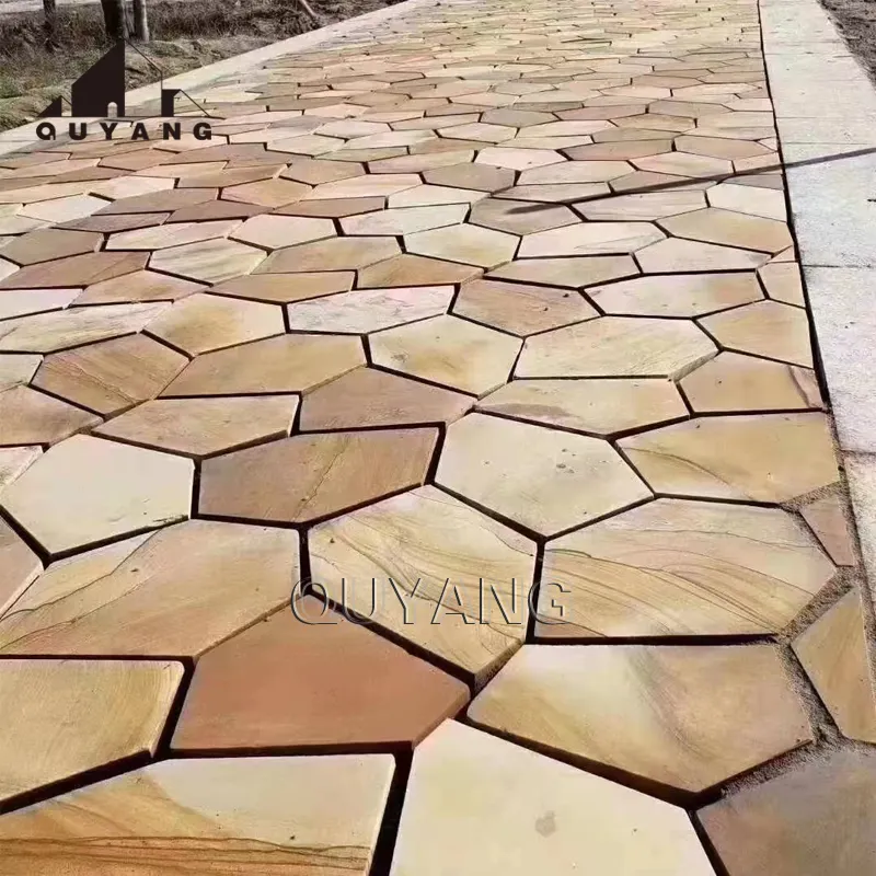 QUYANG décoration de parc extérieur Construction ingénierie tremplin pavé en marbre jaune avec des rayures en bois