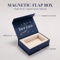 Boîte cadeau magnétique bleu marine avec logo personnalisé, impression sur le couvercle intérieur et motif flocon de neige argenté pour emballage de cadeaux d'entreprise