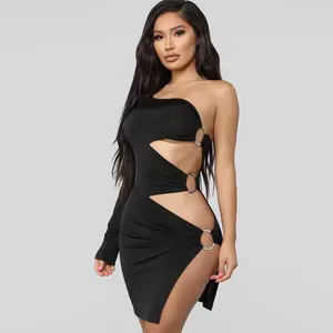 hollow out women casual black dress with ring decorative clothing 2021 latest design sexy lady strapless mini dress
