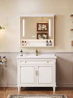 Meuble de salle de bain de luxe léger à la française, combinaison chêne et surface solide, vasque intégrée, lavabo sur pied