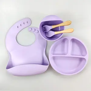 Conjunto de utensílios de mesa para treinamento de alimentação de bebês, 5 peças, tigela de silicone, colher e garfo, conjunto redondo de placa de jantar dividida