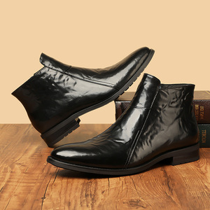 Bottes Chelsea pour hommes, à bout pointu, en cuir véritable, avec fermeture éclair, doublure en fourrure, bottes chaudes isolantes pour l'hiver - Product Image 3