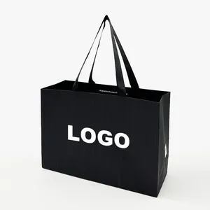 مخصص الفاخرة الأسود الملابس التجزئة التعبئة والتغليف تحمل أكياس بوتيك ورقة حقيبة تسوق مع الشعار الخاص بك
