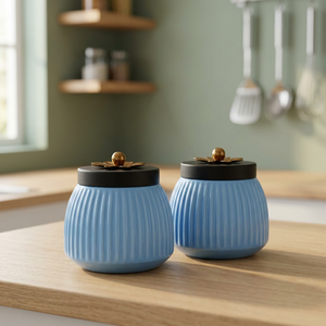 Ensemble de pots de conservation alimentaire en métal, ronds, bleus avec couvercle noir, hermétiques, pour épices, design moderne, fabrication artisanale, utilisation en cuisine - Product Image 4