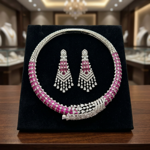 Rhodium Plated Pink <b>Ruby</b> Cubic Zirconia Classic Collar <b>Necklace</b> Dangle Earrings Set Brass Bridal Engagement Jewelry Women - Product Image 3