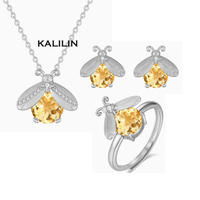 Parures de bijoux de luxe en citrine naturelle en forme d'abeille pour femmes, vente en gros