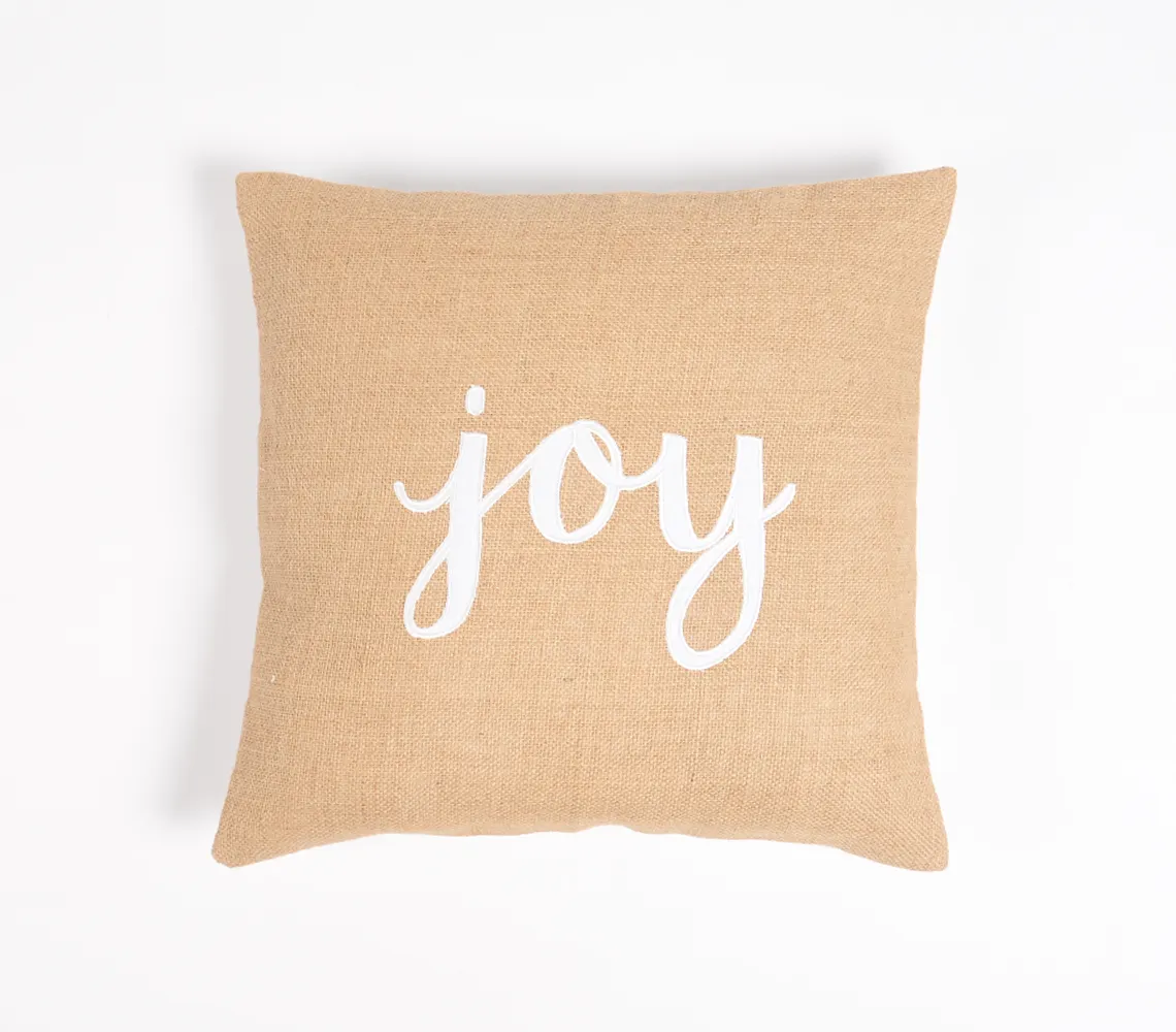 Qalara Embroidered Jute 'Joy' Text Cushion Cover for Bed, Sofa, Chair Seat (16*16)