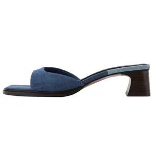 Sandal wanita jari kaki persegi Slip On musim panas mode kustom Sandal hak tinggi Denim biru warna polos blok Chunky 5 Cm