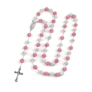 Collier de chapelet catholique à six rangs, perles de boule disco en strass de 10 mm, AB <span class=keywords><strong>rose</strong></span>, Vierge <span class=keywords><strong>Marie</strong></span>, crucifix, <span class=keywords><strong>bijoux</strong></span> de prière pour femmes et hommes - Product Image 1