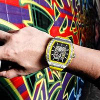 Montre mécanique automatique pour homme PINDU de haute qualité, couleur argent-noir, cadran 3D, résistante à l'eau, forme tonneau creuse