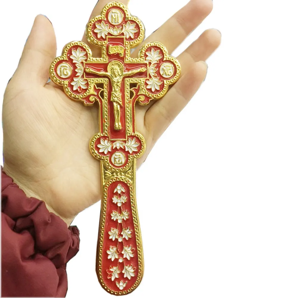 Salib Keberuntungan Tangan Logam Campuran Seng Lapis Emas Berenamel Salib Ortodok Salib