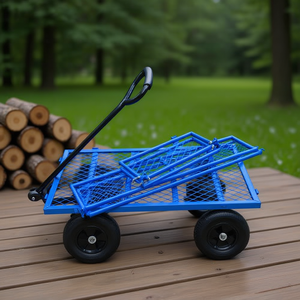 Carretilla de jardín metálica azul de 4 ruedas, fácil de usar, herramienta de transporte de leña, carretilla manual. - Product Image 2