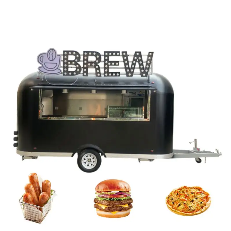 Reboque de comida Airstream personalizado com equipamentos completos de cozinha, barra móvel de aço para café e caminhão de reboque de comida
