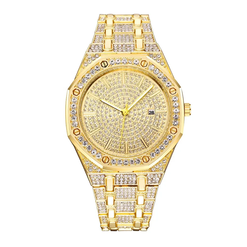 メーカーはスターカレンダーウォッチでいっぱいの創造的な新しいダイヤモンドダイヤモンドとゴールドスチールベルトのメンズ腕時計を直接供給しています