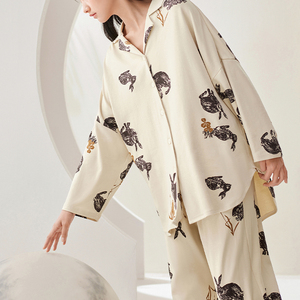 Pigiama da <span class=keywords><strong>Donna</strong></span> in Cotone Lavorato a Maglia Anzhiban, Maniche Lunghe, Vestibilità Comoda, Stampa Animalier, Casual, per Casa, Primavera Autunno - Product Image 3