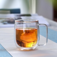 Tasse à thé en verre à double paroi avec poignée, tasse à café transparente résistante à la chaleur, vente en gros d'usine