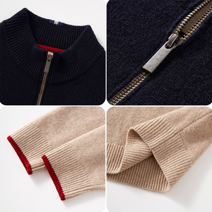 OEM Custom Mens 100% Merino Wool Long Sleeve Casual <b>Pullover</b> Sweater Color Block <b>Pullover</b> <b>Jumper</b> Quarter Zip Sweatshirt - Product Image 3