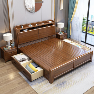 Chinese Style Walnut Wood Storage <b>Double</b> <b>Bed</b> 1.8m x 1.5m High <b>Box</b> Solid Wood Master Bedroom <b>Bed</b> - Product Image 2