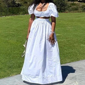 Women's White 2 Piece <b>Set</b> - Puff Sleeve <b>Square</b> Neck Crop Top & High Waist Maxi Skirt Womens <b>Set</b> African Clothes Fashion - Product Image 1