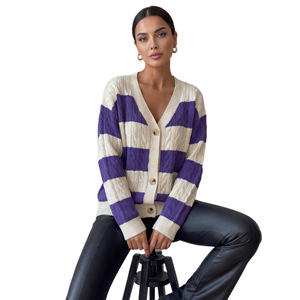 Cardigan en tricot rayé violet, col en V ample, manteau pull pour femme, automne hiver, style élégant pour le quotidien, taille européenne et américaine S M L XL - Product Image 5