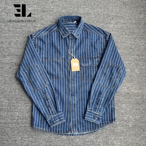 LARSUR Veste en jean rayé indigo personnalisé d'usine <span class=keywords><strong>Surchemise</strong></span> Wabash Railway Railroad Automotive Jean Kore Work Coat Shacket - Product Image 1
