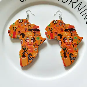 Boucles d'oreilles bohémien Vintage, peinture colorée en bois Tribal afrique carte boucles d'oreilles rondes en bois africain fête