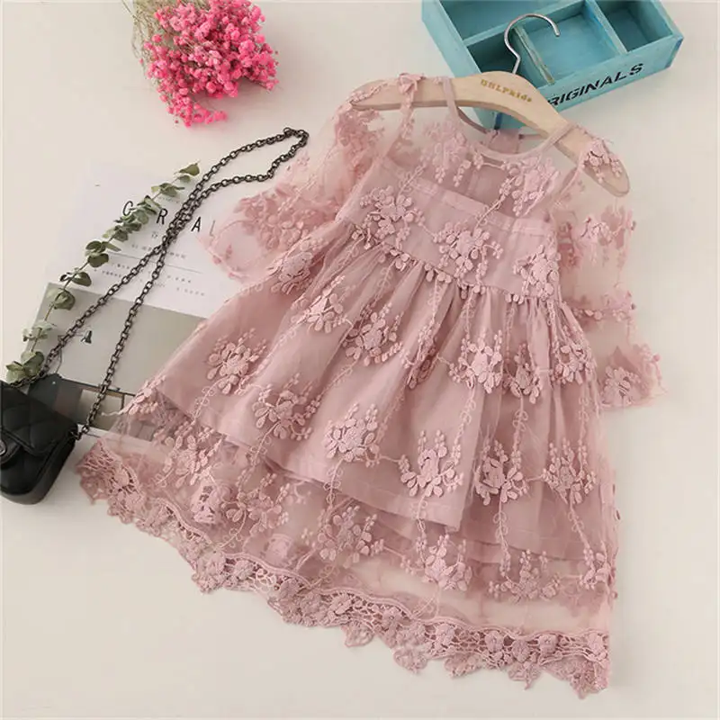 Zhejiang Factory Manufacture Flower Girl's Wedding Dress Lace Short Sleeve Tulle Summer Vintage Dresses for Little Girls Clothes
