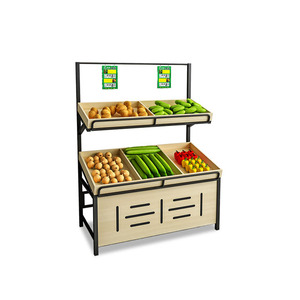 Expositores de frutas y verduras duraderos de hierro y madera para supermercados - Product Image 4