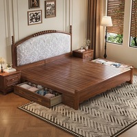 Vintage Neues Chinesisches Massivholz-Plattformbett, Boxspring-Struktur mit Gebogenem Gepolstertem Kopfteil, Bettgestell für Queen- und King-Size-Schlafzimmer