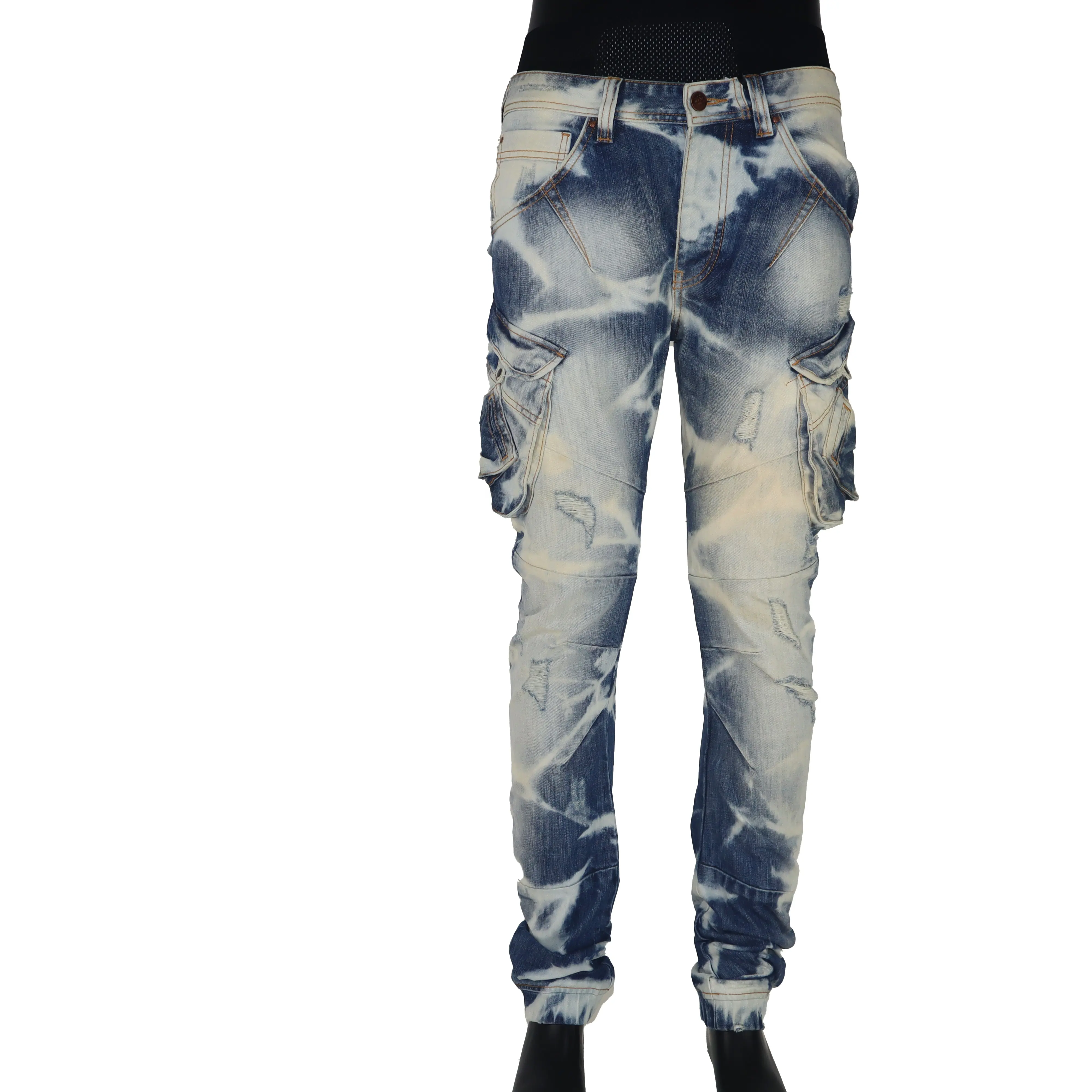 New design Hip pop cotton denim multi cargo pockets U shape men denim cargo jeans