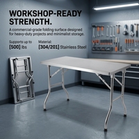 Mesa de Trabajo Plegable de Acero Inoxidable, Resistente, 500 lbs, 0.8mm, Portátil, Patas Plegables Rápidas, Ahorra Espacio, para Restaurante
