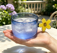 Mug en verre borosilicate résistant à la chaleur WUSO, tasse à café bleu foncé, poignée fleur 3D jaune, vaisselle à thé pour la maison et le café