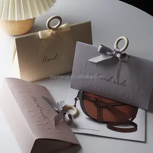 Tas bungkus hadiah perhiasan hitam kecil mewah paket belanja dapat digunakan kembali buatan tangan grosir cetak Gravure elegan merek pribadi
