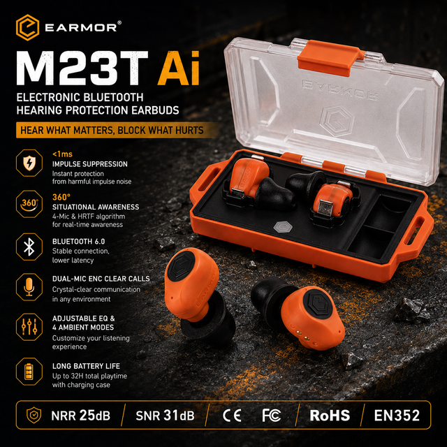 EARMOR M23T Ai Hearing Safety Earbuds SNR 31dB Bluetooth 6.0 Environmental Awareness for Industrial Use